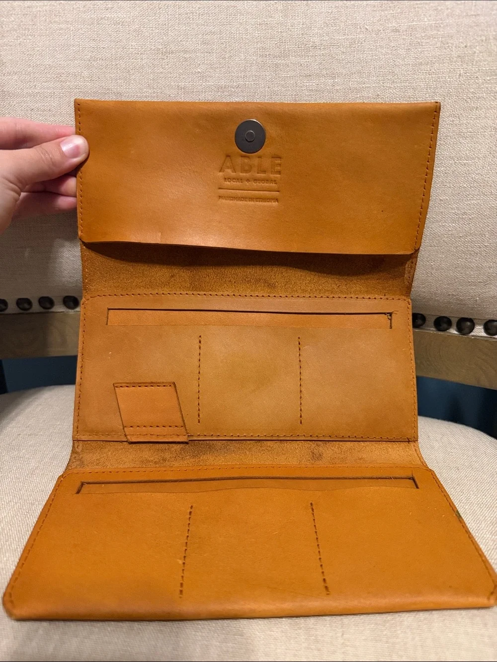 ABLE Handmade “Debre” Large Trifold Leather Wallet in Signature Cognac